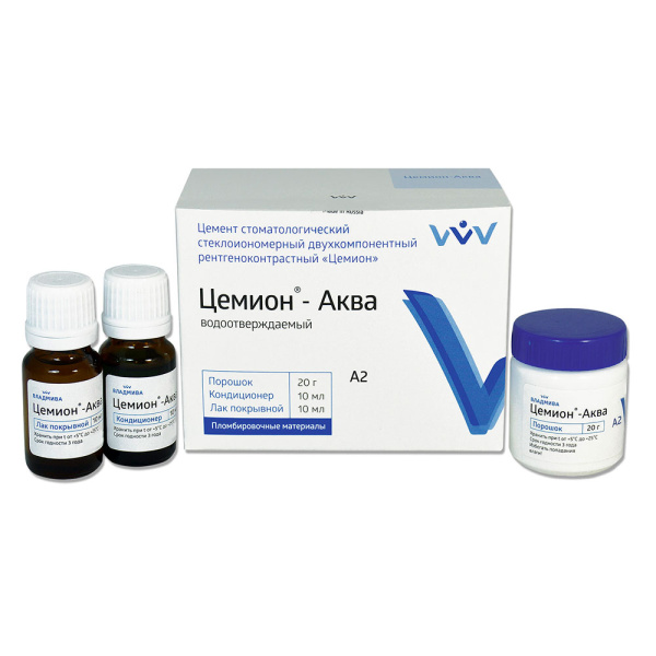 Цемион-Аква (Аквион) цемент стеклоиономерный для реставрации х/о, 20гр + 2х10мл, ВладМиВа