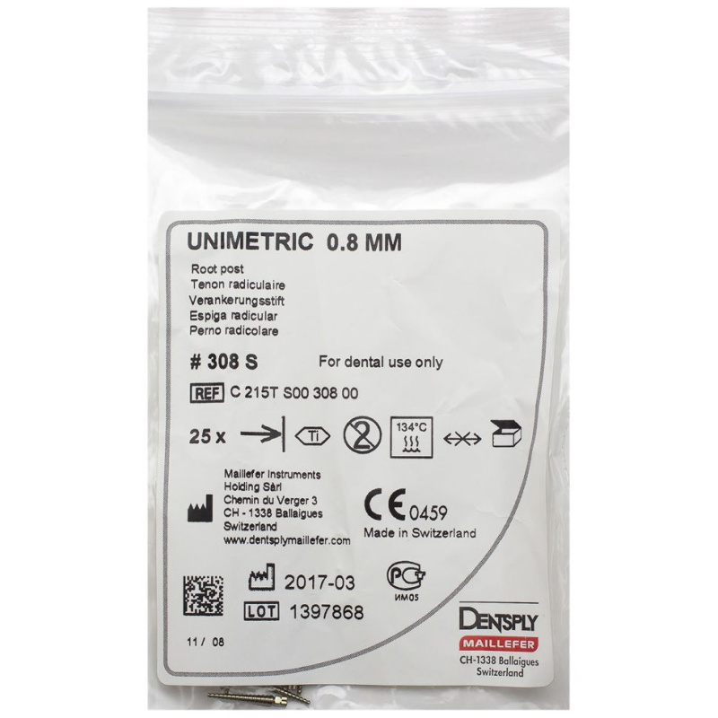Штифты титановые Dentsply Unimetric 308S красные 0.8мм 25шт