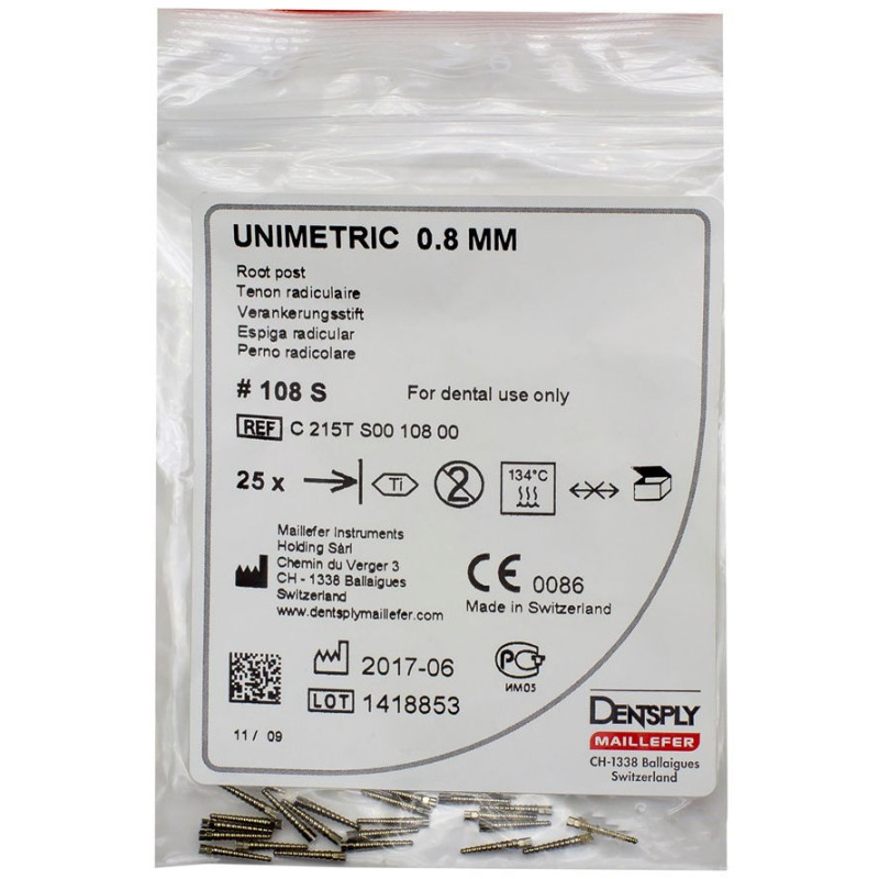 Штифты титановые Dentsply Unimetric 108S белые 0.8мм 25шт
