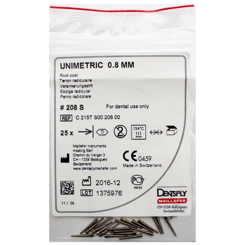 Штифты титановые Dentsply Unimetric 208S желтые 0.8мм 25шт