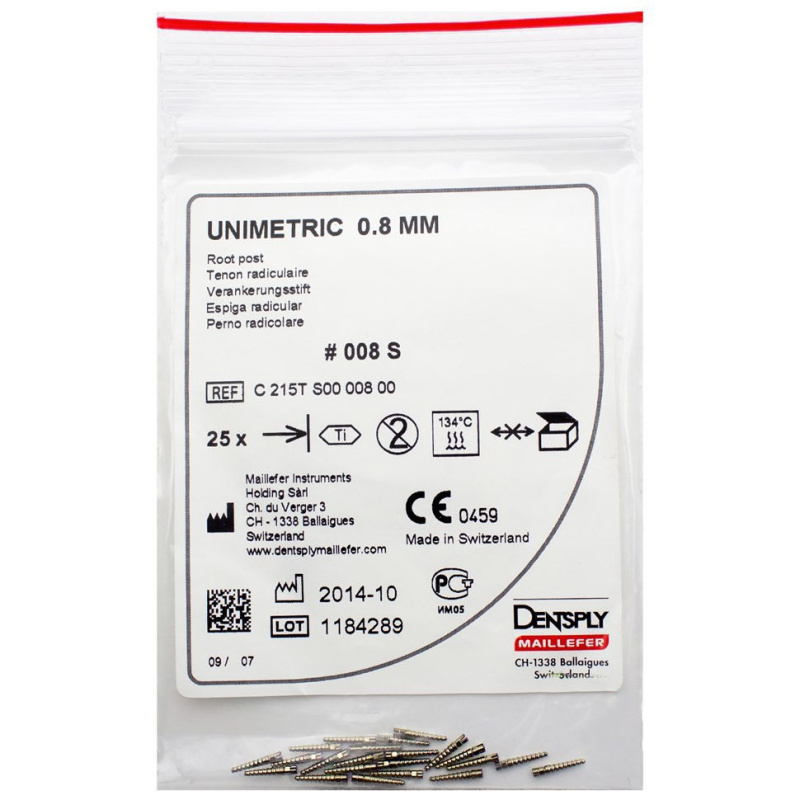 Штифты титановые Dentsply Unimetric 008S фиолетовые 0.8мм 25шт